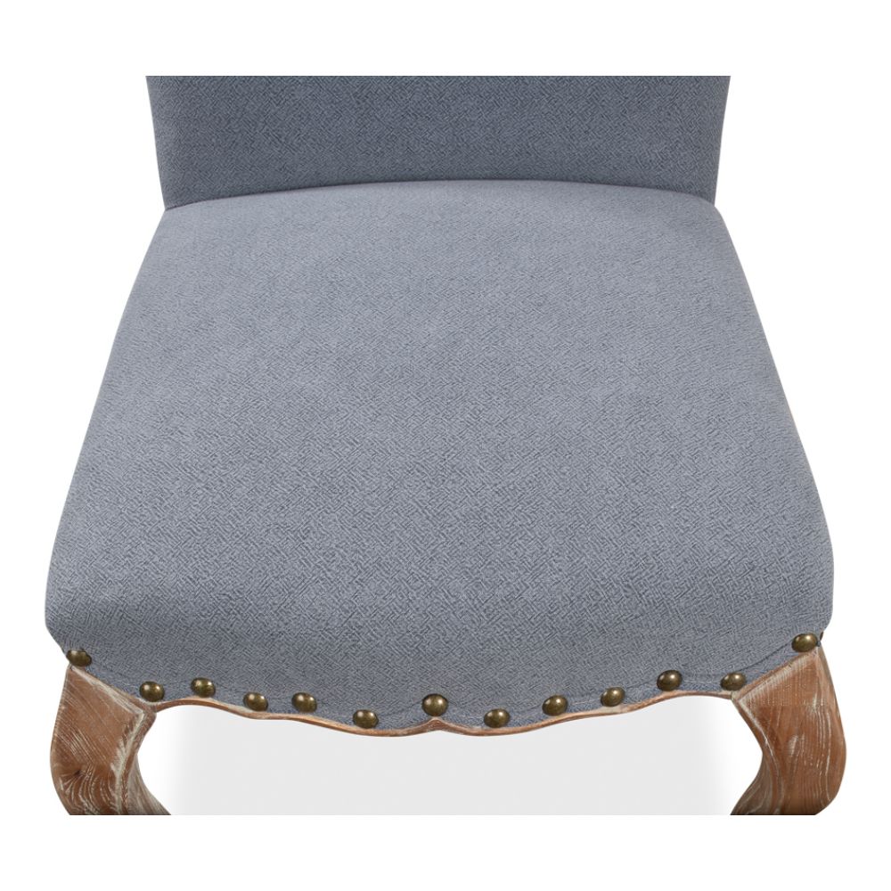 blue linen dining chair curved legs 