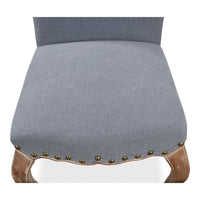 blue linen dining chair curved legs 