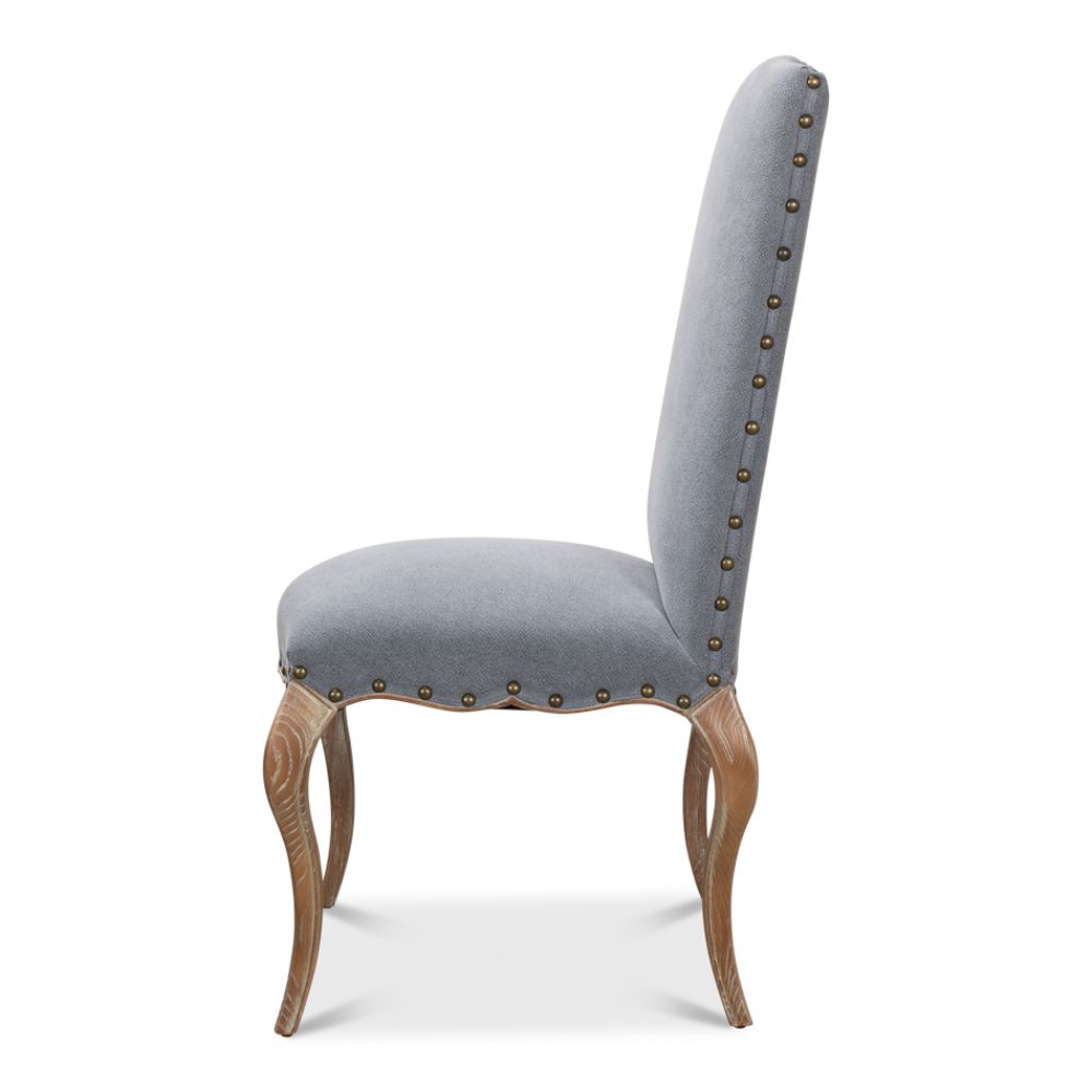 blue linen dining chair curved legs 