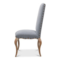 blue linen dining chair curved legs 