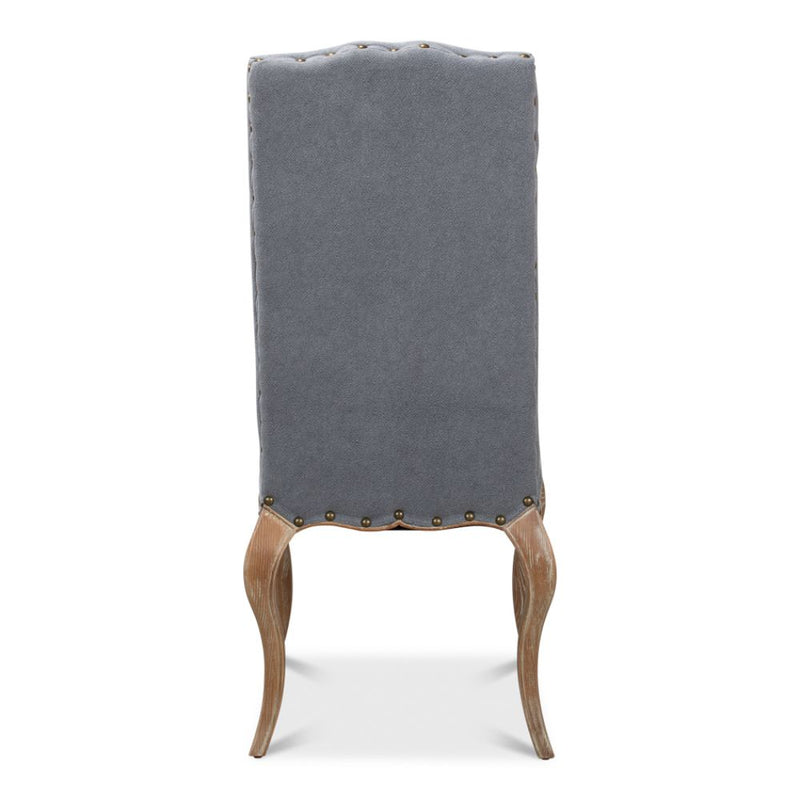 blue linen dining chair curved legs 