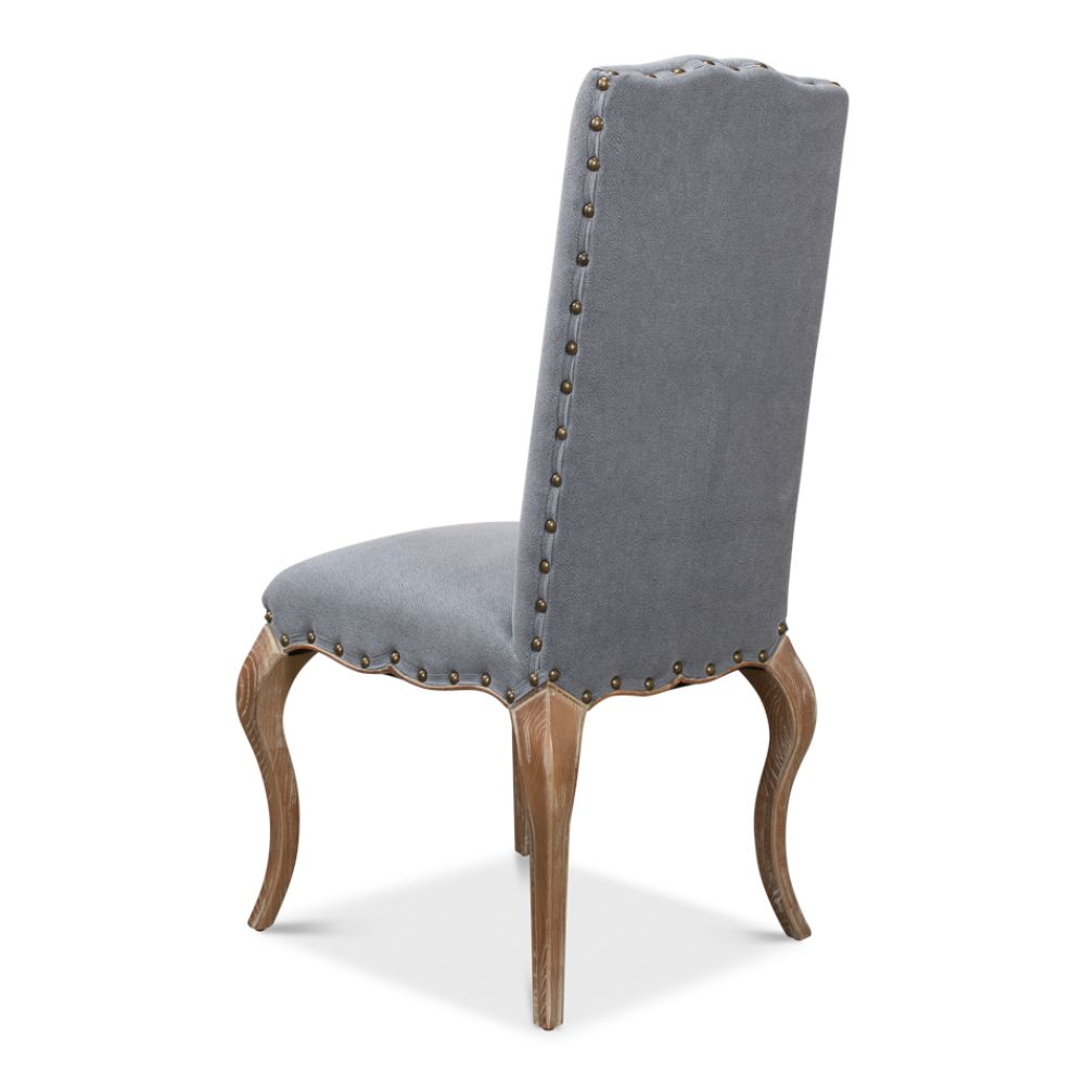 blue linen dining chair curved legs 