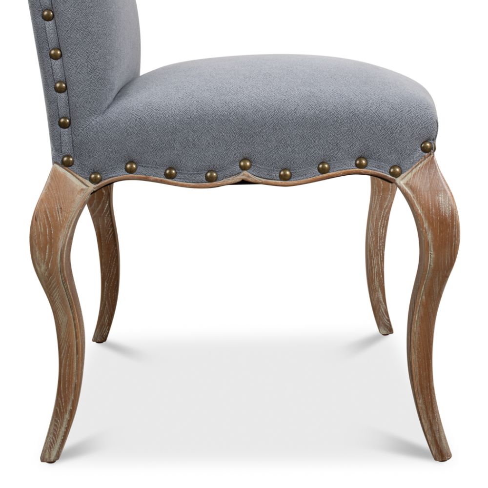 blue linen dining chair curved legs 