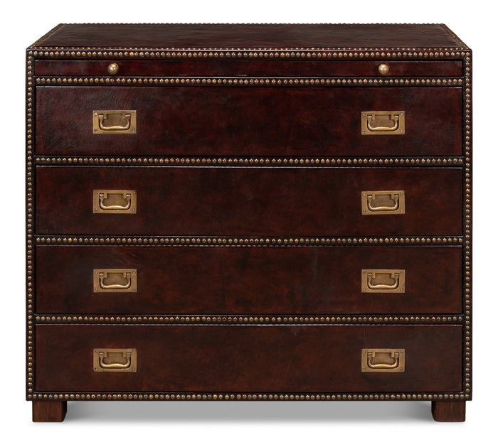 Brown leather dresser with gold hardware on a white background