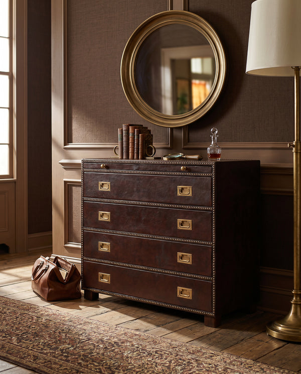 A dark brown leather four-drawer chest with brass hardware and nailhead trim, styled in a warm, traditional room next to a window, floor lamp, and round mirror.