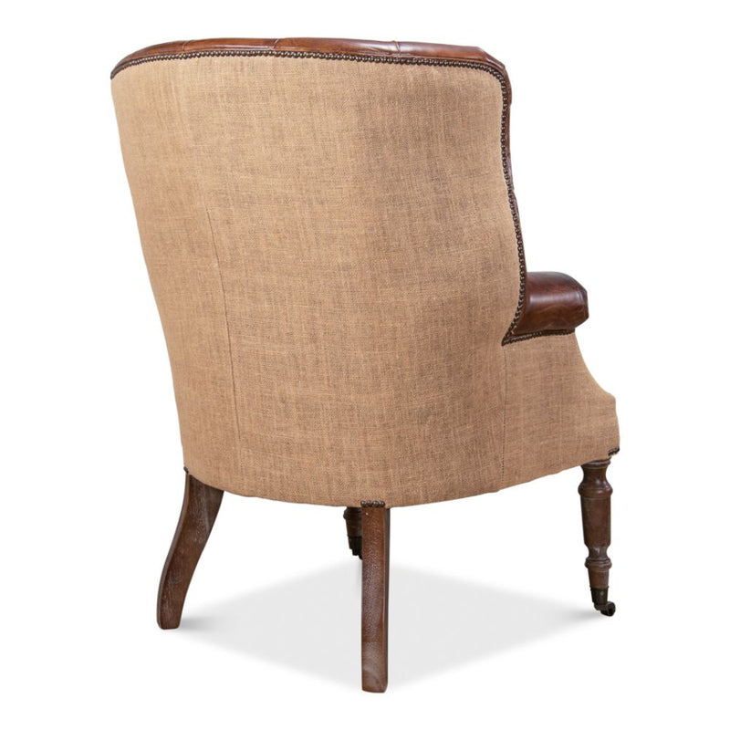 brown leather wing back chair tufted natural jute back casters