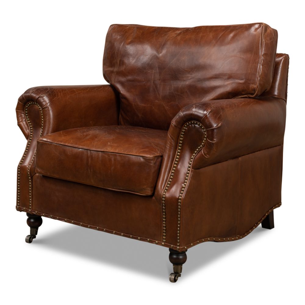 overstuffed brown leather chair 