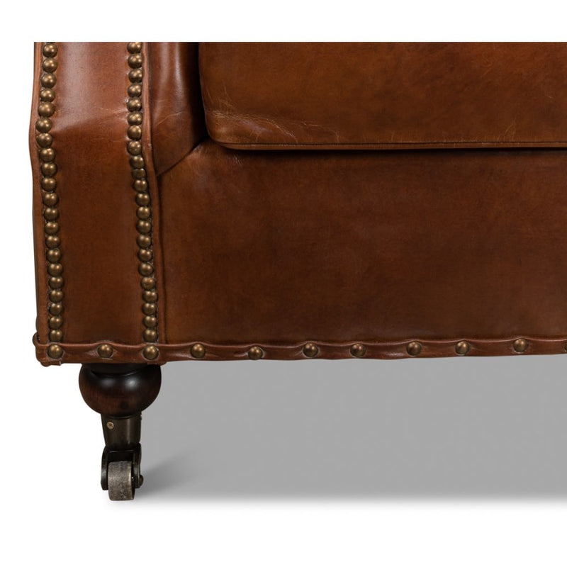 overstuffed brown leather chair 