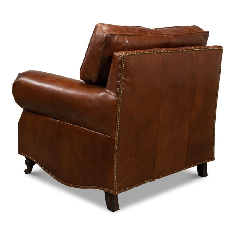 overstuffed brown leather chair 