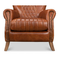 brown cognac tufted leather diamond stitching wing chair