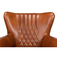 brown cognac tufted leather diamond stitching wing chair