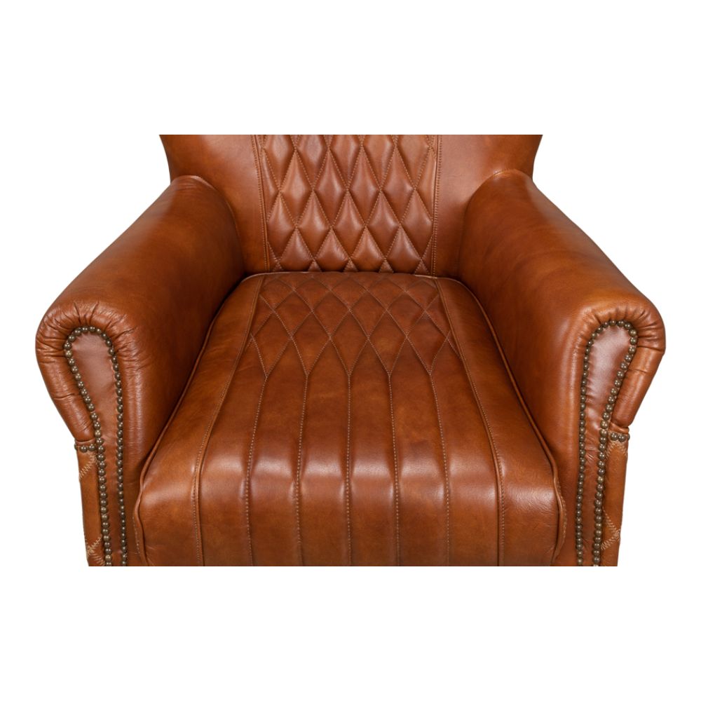 brown cognac tufted leather diamond stitching wing chair
