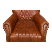 brown cognac tufted leather diamond stitching wing chair