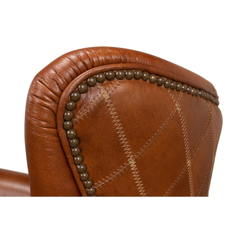 brown cognac tufted leather diamond stitching wing chair