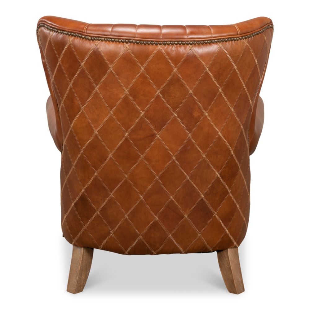 brown cognac tufted leather diamond stitching wing chair