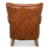 brown cognac tufted leather diamond stitching wing chair