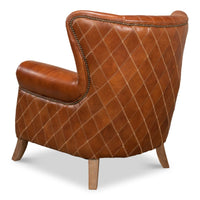brown cognac tufted leather diamond stitching wing chair