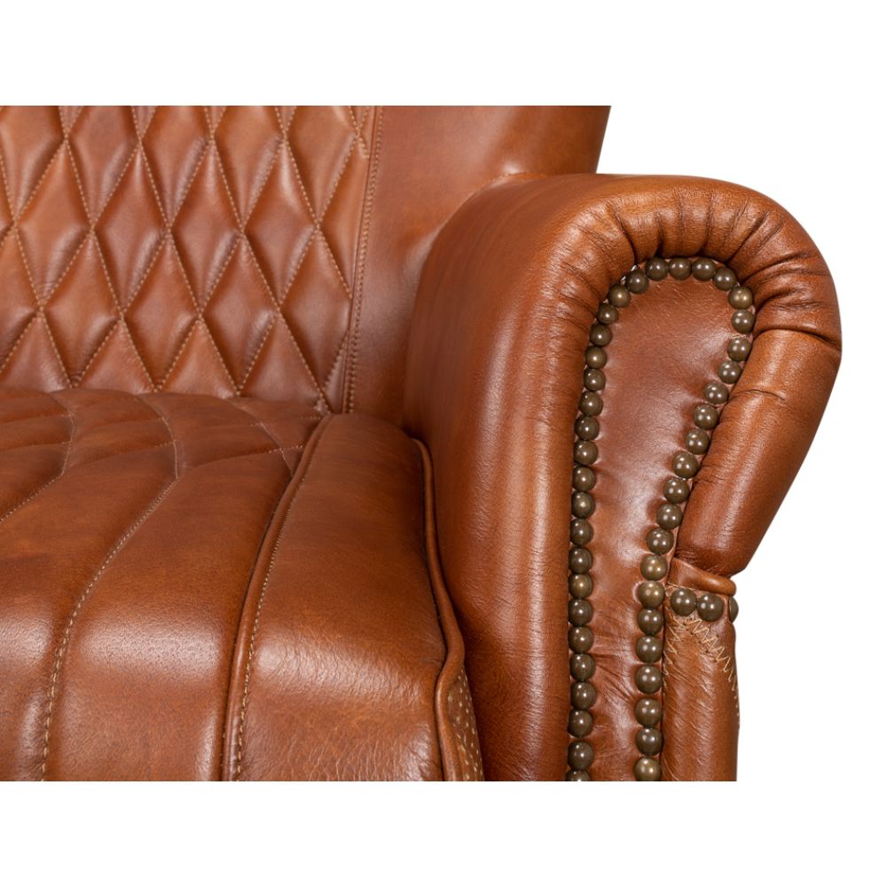 brown cognac tufted leather diamond stitching wing chair