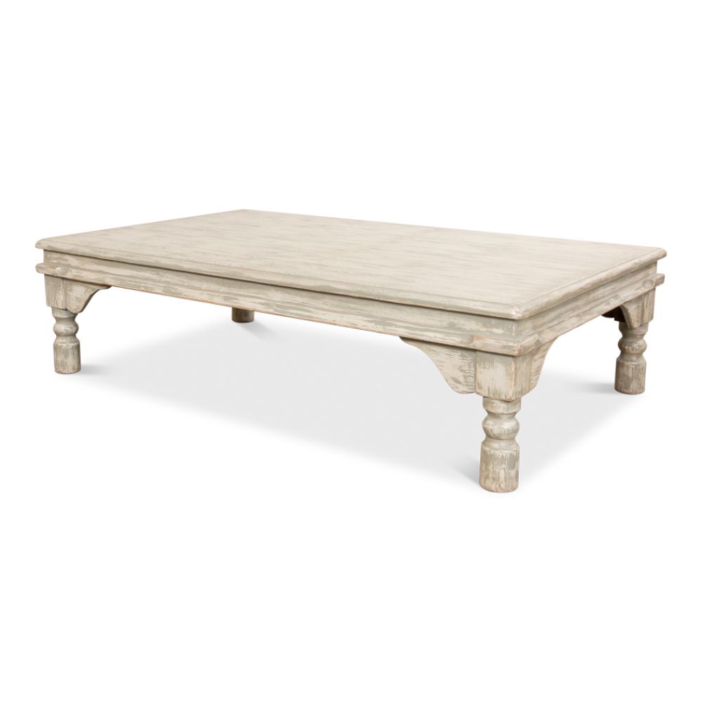 coffee table wood pine gray wash distressed turned legs large rectangle Sarreid Ltd.