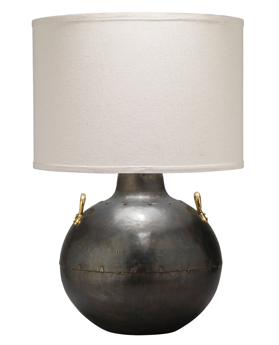 Jamie Young Two Handled Kettle table lamp in gunmetal and antique brass with a large off-white fabric shade.