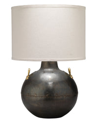 Jamie Young Two Handled Kettle table lamp in gunmetal and antique brass with a large off-white fabric shade.