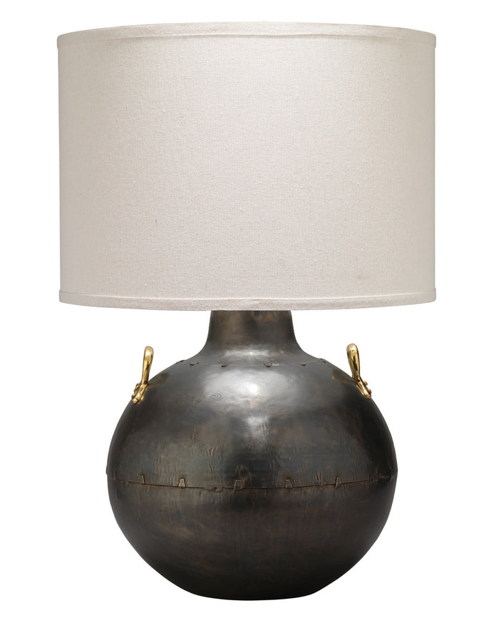Jamie Young Two Handled Kettle table lamp in gunmetal and antique brass with a large off-white fabric shade.