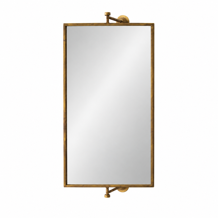 Kalalou Rotating Pivot Wall Mirror in rectangular antiqued brass with a vertical pivoting wall mount.