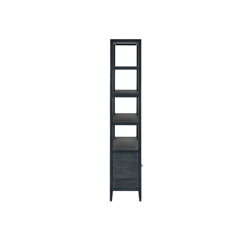 A tall, narrow black shelving unit with four open shelves and a lower cabinet door, side view, shown against a plain white background.