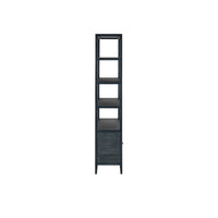 A tall, narrow black shelving unit with four open shelves and a lower cabinet door, side view, shown against a plain white background.