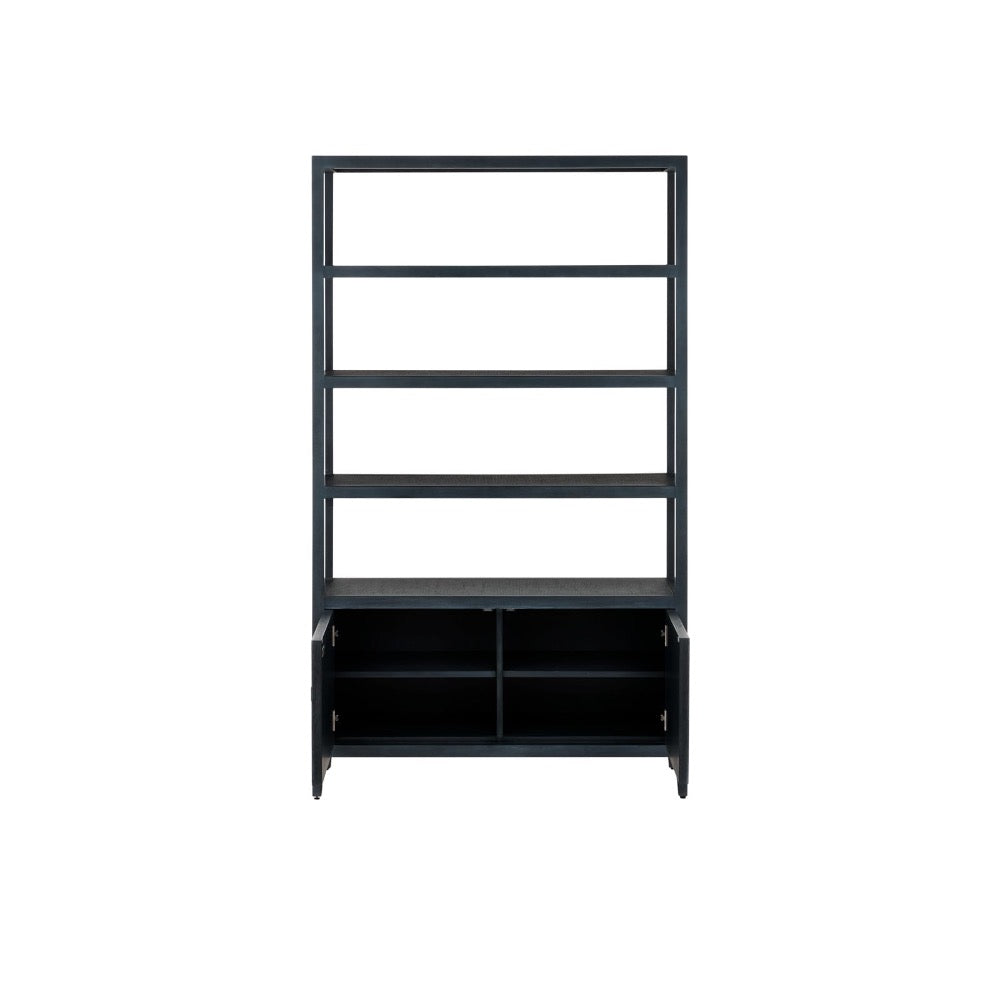 A tall black metal shelving unit with four open shelves on the upper section and two lower cabinet compartments with doors, shown against a plain white background.