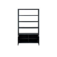 A tall black metal shelving unit with four open shelves on the upper section and two lower cabinet compartments with doors, shown against a plain white background.