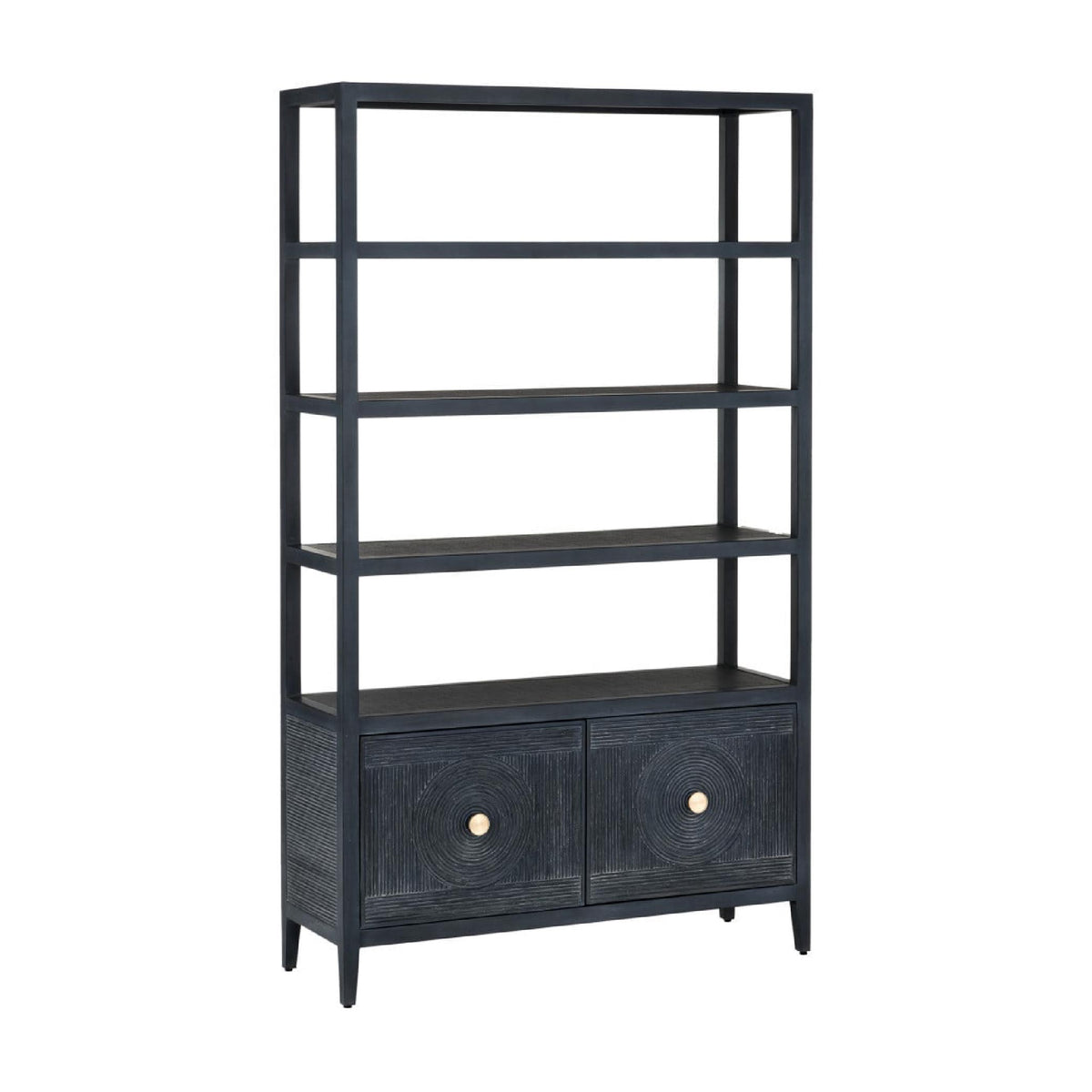 A tall black metal and wood bookcase with five open shelves and two lower cabinet doors, shown on a plain white background.