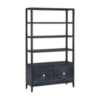 A tall black metal and wood bookcase with five open shelves and two lower cabinet doors, shown on a plain white background.