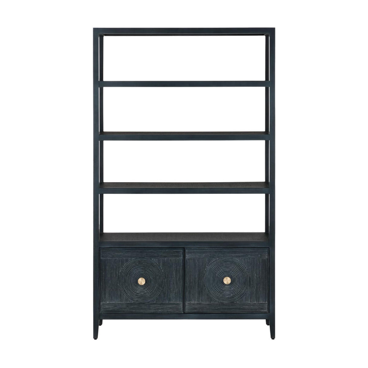 A tall black bookcase with five open shelves and two lower cabinet doors, each with a round gold-toned knob, shown against a plain white background.