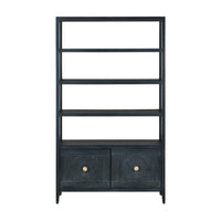 A tall black bookcase with five open shelves and two lower cabinet doors, each with a round gold-toned knob, shown against a plain white background.