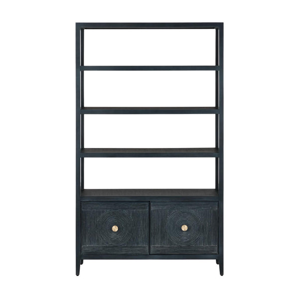 A tall black bookcase with five open shelves and two lower cabinet doors, each with a round gold-toned knob, shown against a plain white background.