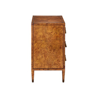 A vintage-style wooden chest or cabinet with a rich burl wood grain finish, featuring three drawers with decorative pulls and tapered legs, shown against a plain white background.