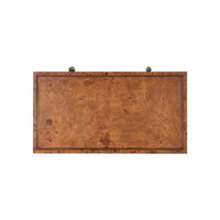 Top view of a wooden dresser with a burl wood grain finish.