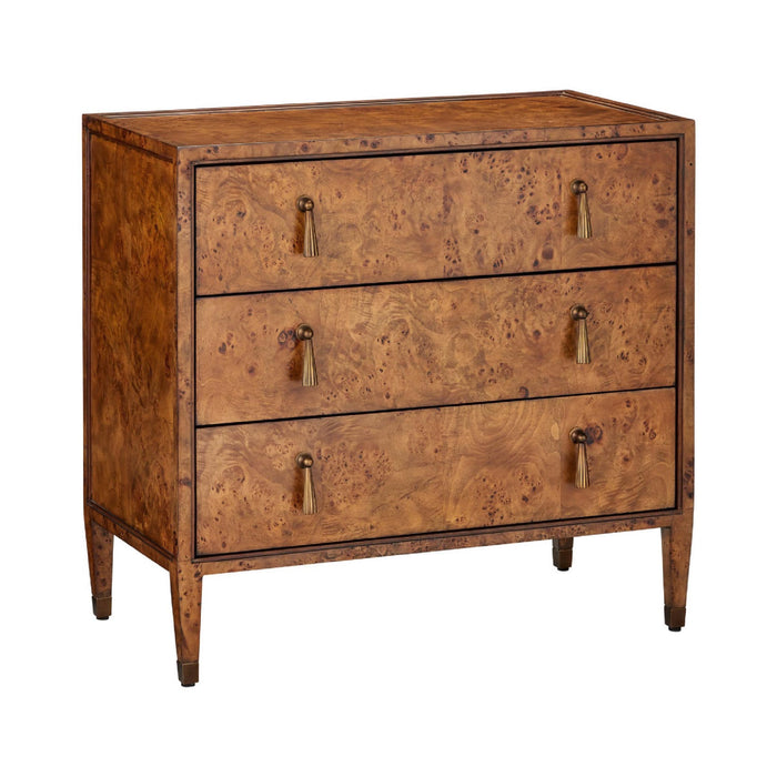 A three-drawer wooden chest of drawers with a rich burl wood grain finish in warm brown tones, featuring brass pull handles and tapered legs, shown against a plain white background.