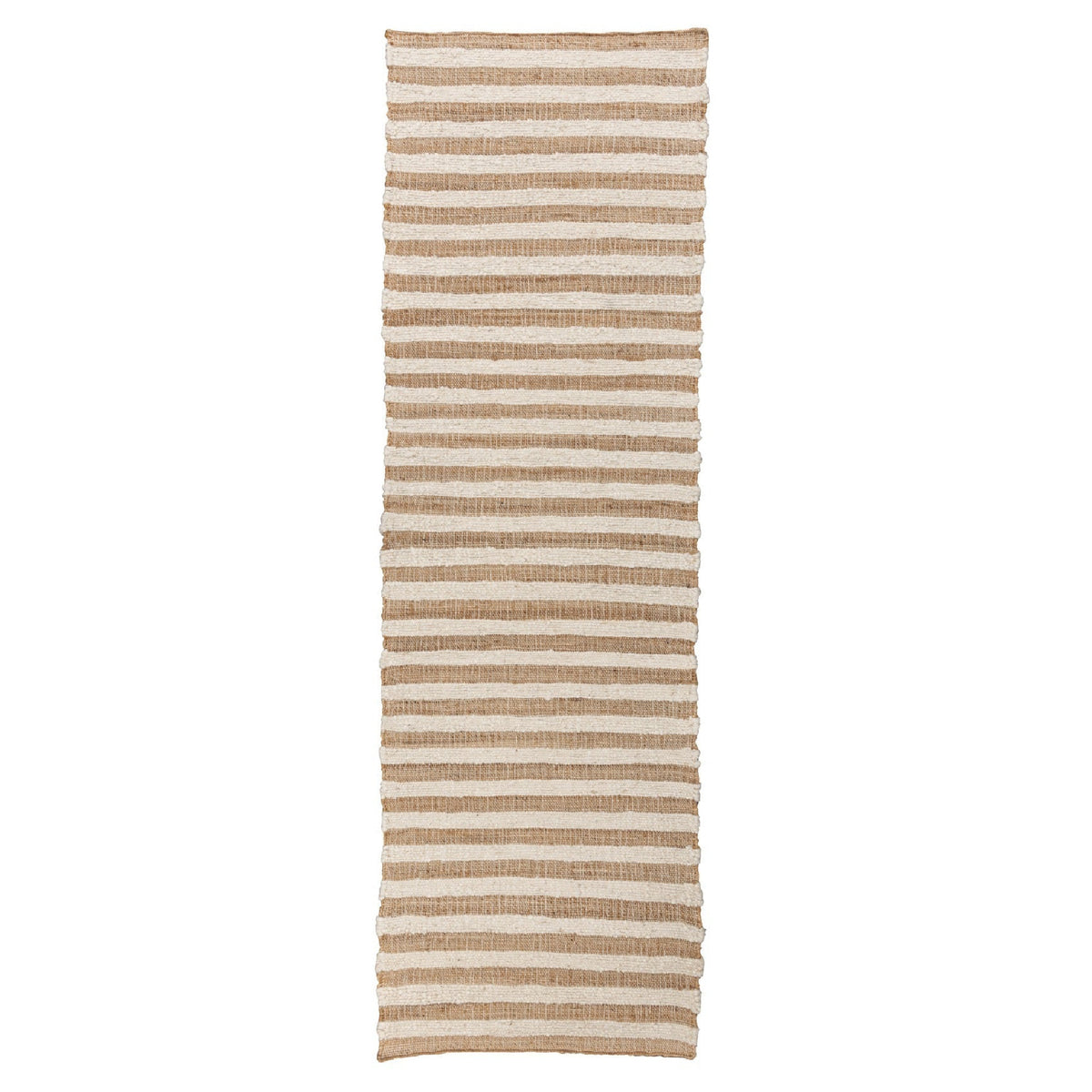 A long rectangular woven runner rug with horizontal beige and off-white stripes, shown flat against a solid white background.