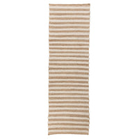 A long rectangular woven runner rug with horizontal beige and off-white stripes, shown flat against a solid white background.