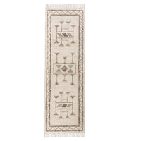 A long rectangular area rug with a cream and taupe geometric pattern and fringe on both ends, shown flat against a white background.