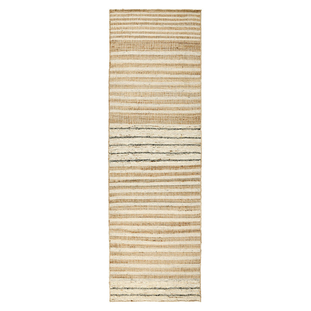A long rectangular area rug with horizontal woven stripes in beige, cream, and light brown tones, shown flat against a plain white background.