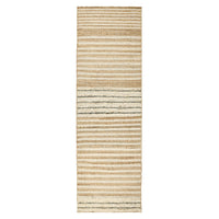 A long rectangular area rug with horizontal woven stripes in beige, cream, and light brown tones, shown flat against a plain white background.