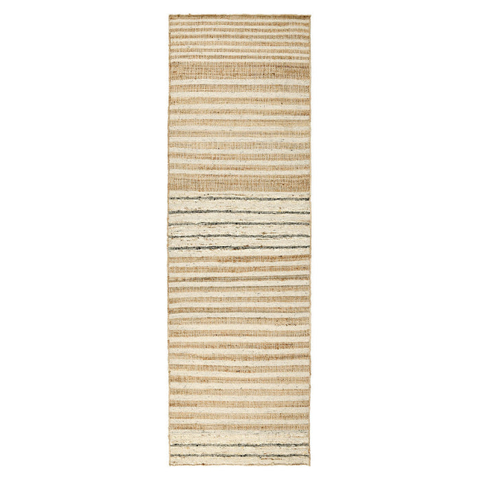 A long rectangular area rug with horizontal woven stripes in beige, cream, and light brown tones, shown flat against a plain white background.