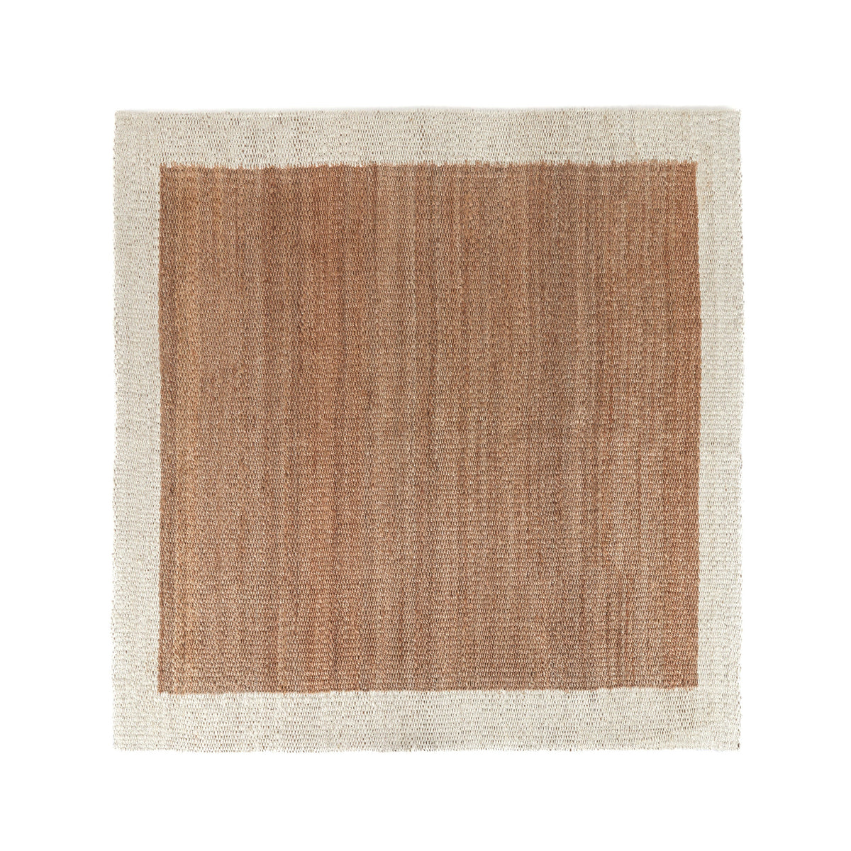 A square woven rug with a natural tan center and a light beige border, shown flat against a white background.