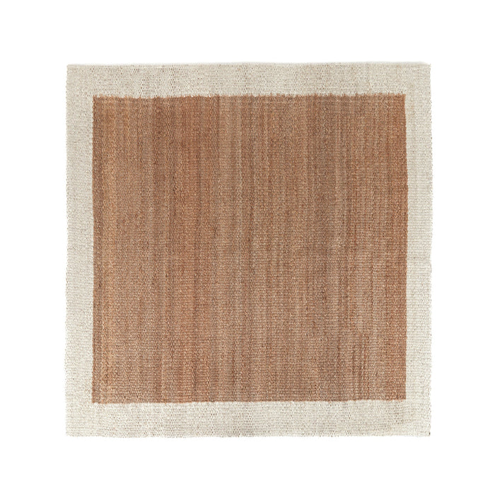 A square woven rug with a natural tan center and a light beige border, shown flat against a white background.