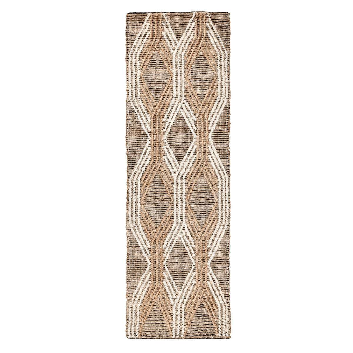 A rectangular woven area rug with a geometric diamond pattern in beige, brown, and off-white, shown flat against a solid white background.
