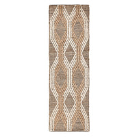 A rectangular woven area rug with a geometric diamond pattern in beige, brown, and off-white, shown flat against a solid white background.
