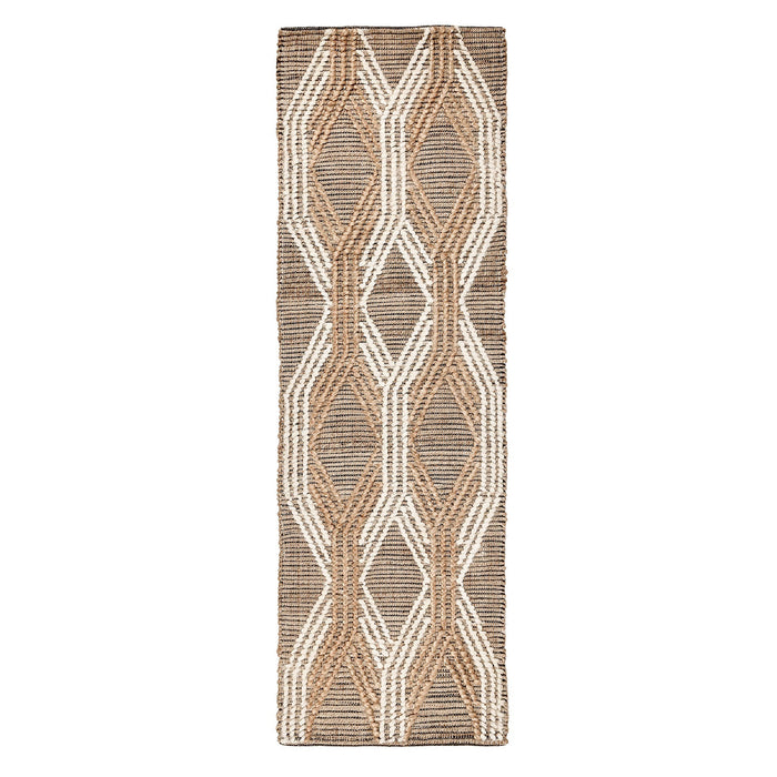 A rectangular woven area rug with a geometric diamond pattern in beige, brown, and off-white, shown flat against a solid white background.